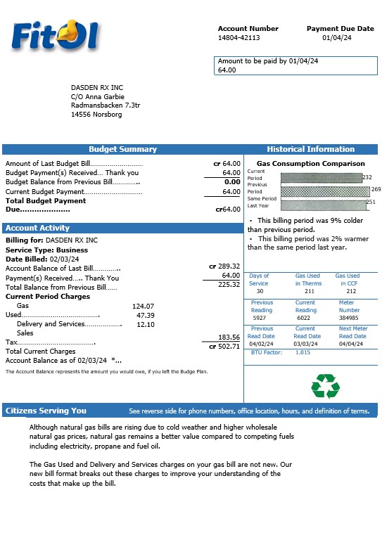 Sweden Fitol gas business utility bill template in Word and PDF formats